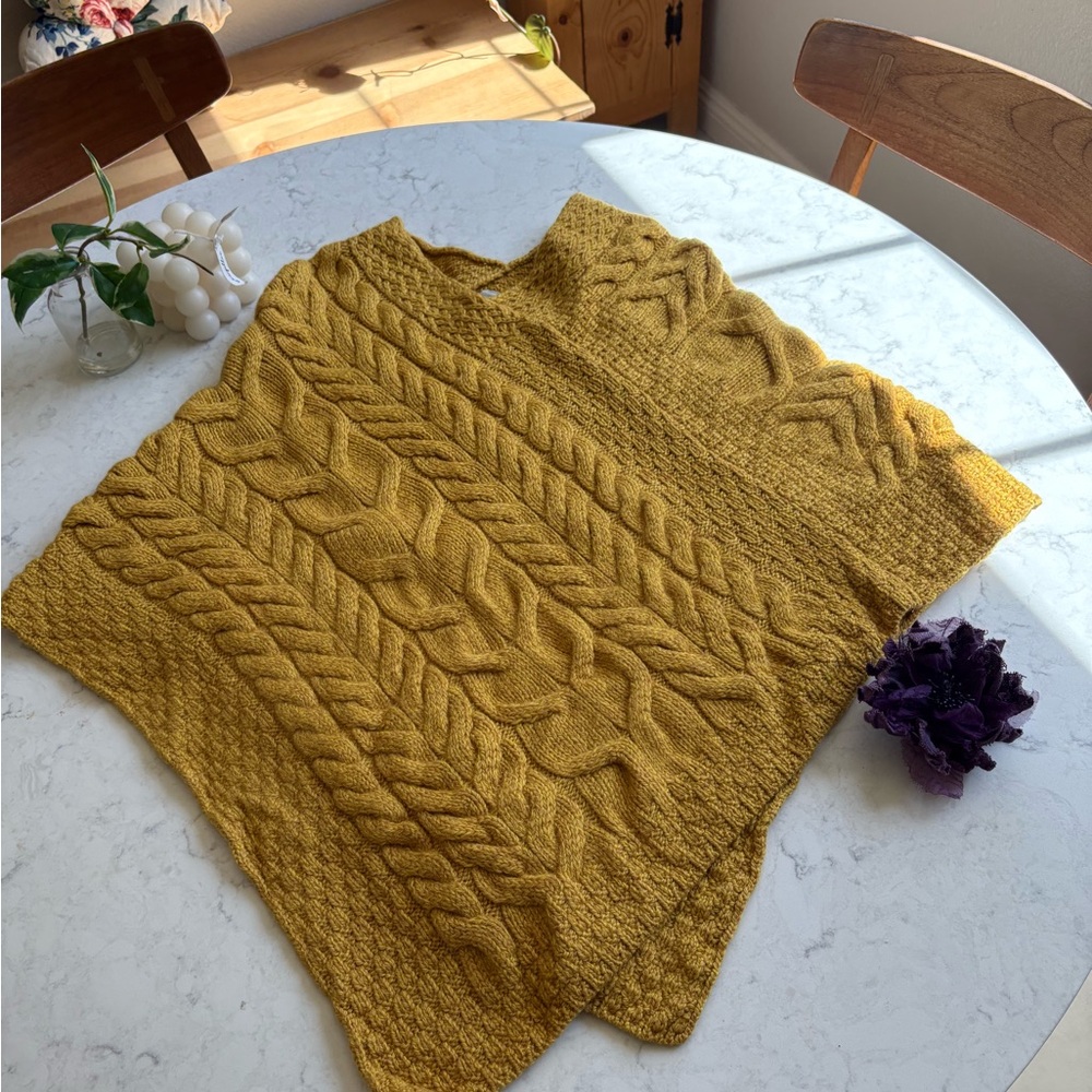 Women's Mustard Merino Wool Sweater Poncho Super Soft Cable Stitch - Picture 6 of 8